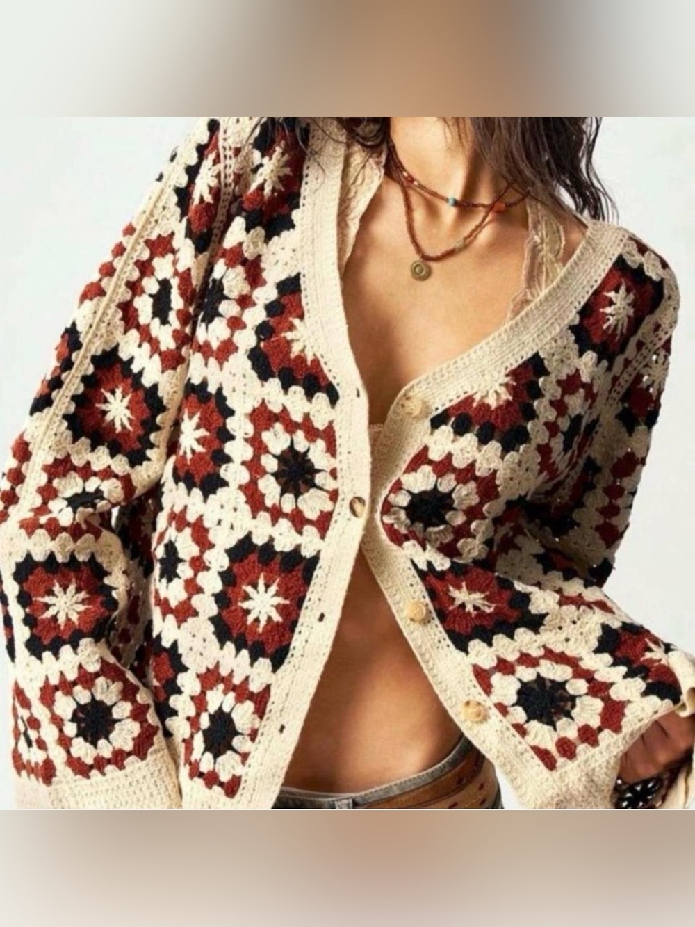 Boho Crochet Cardigan Sweater - Cream with Rust & Black XL
